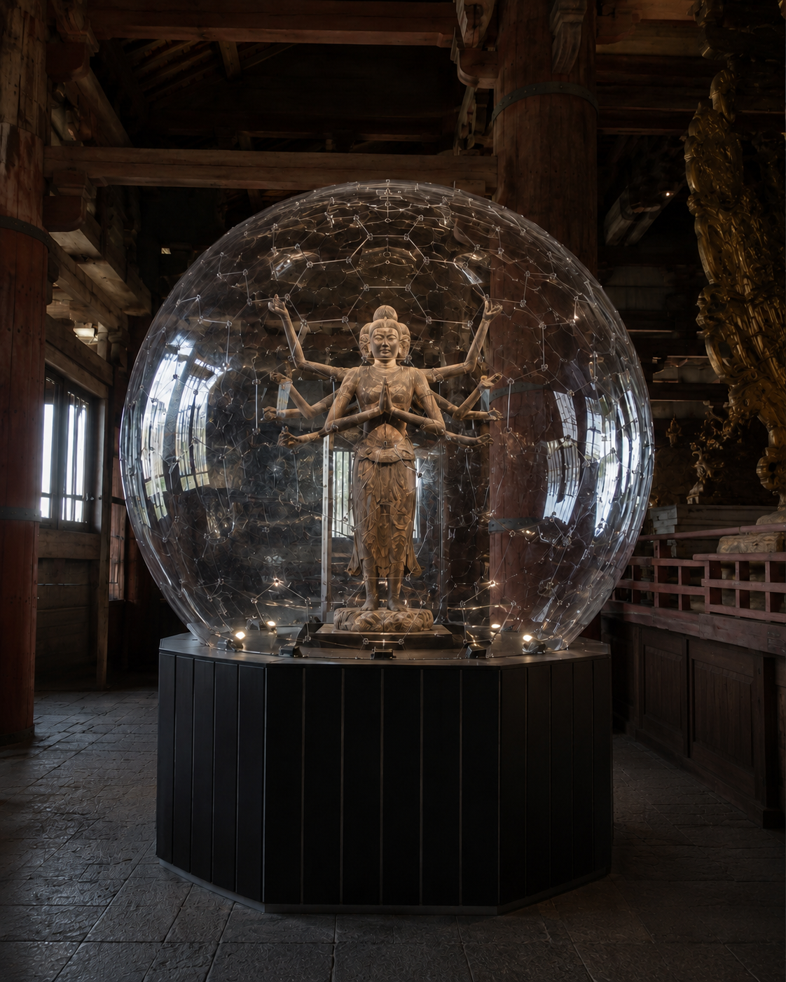 暗い寺院風の室内で、多腕の仏像が透明な球体ドームに包まれ、やわらかな照明で浮かび上がっているコンセプトイメージ。