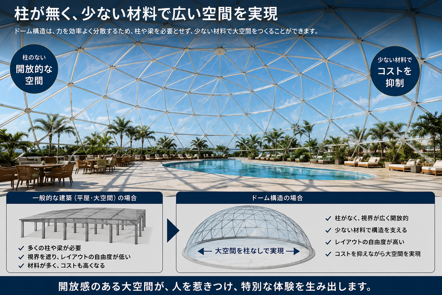 ドームは柱が無く、少資材で大空間を実現